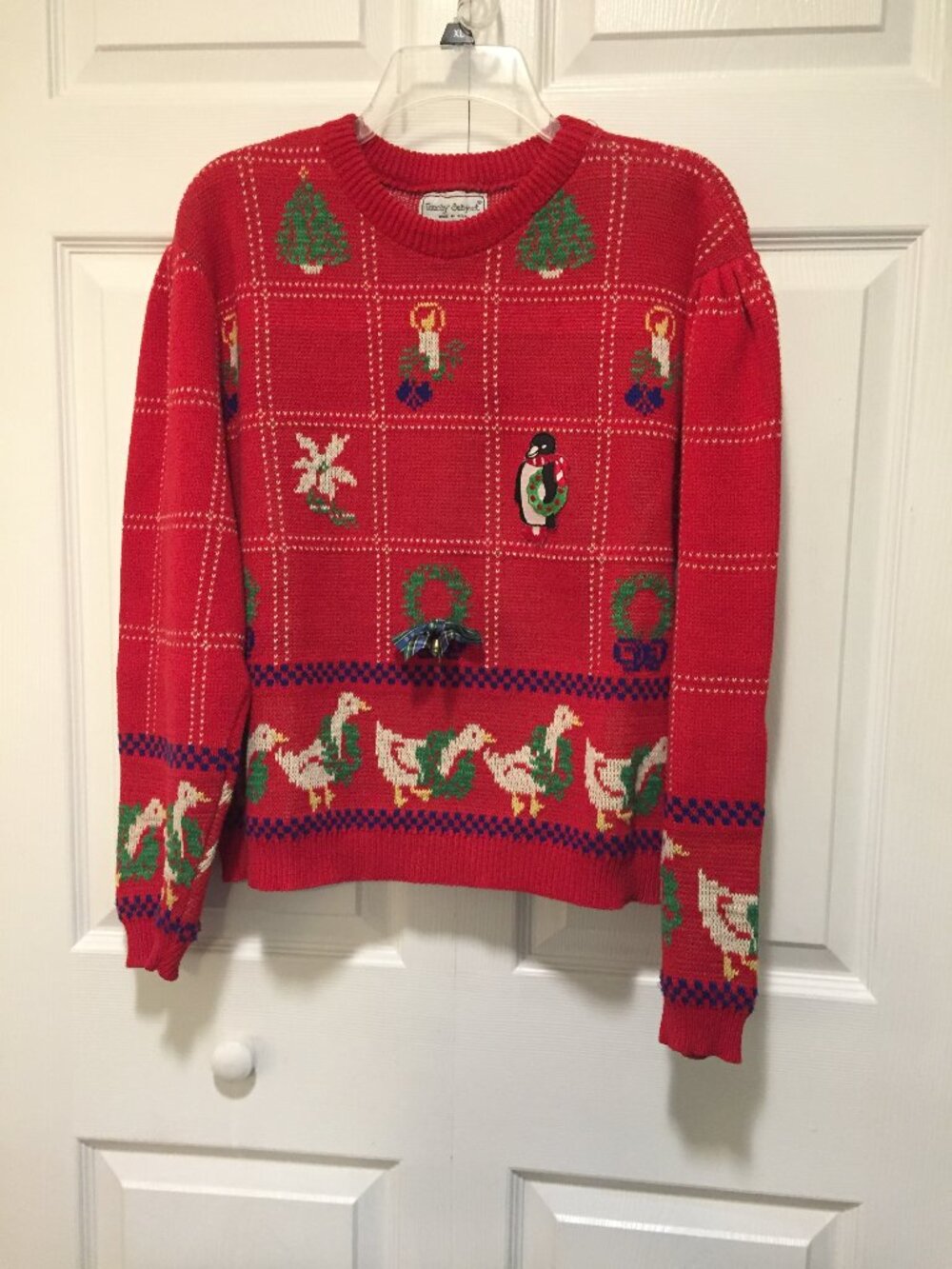 Vintage Touchy Subject Christmas Sweater Goose, Wreaths, Bell, Penguin Womens L